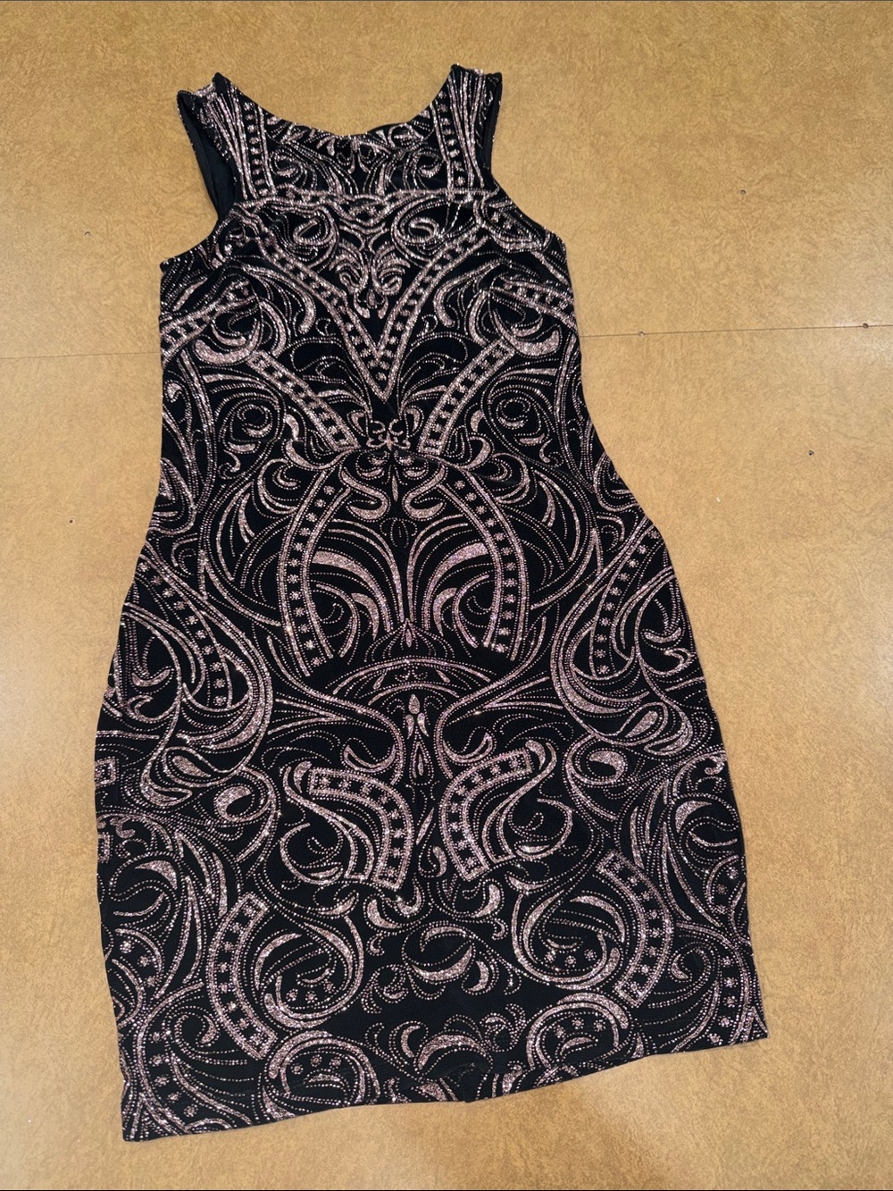 Xtraordinary Black with Rose Gold Swirl-Embellished Mini Dress • HOCO • Key Hole